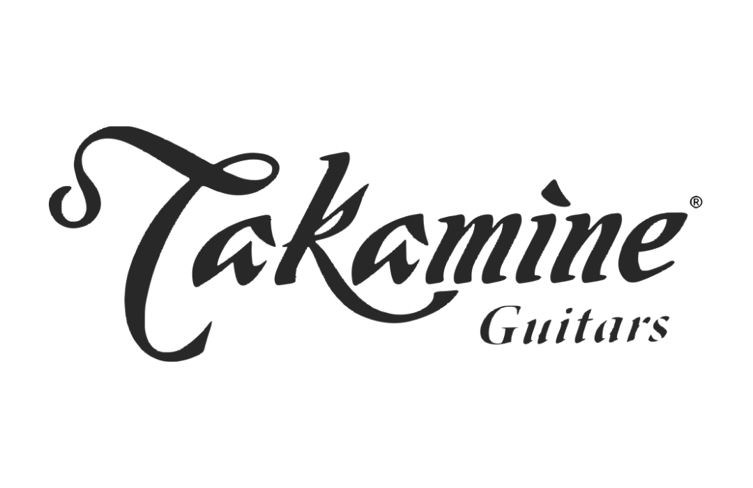 Elegant black Takamine Guitars logo featuring a stylized, flowing script font on a clean white background.