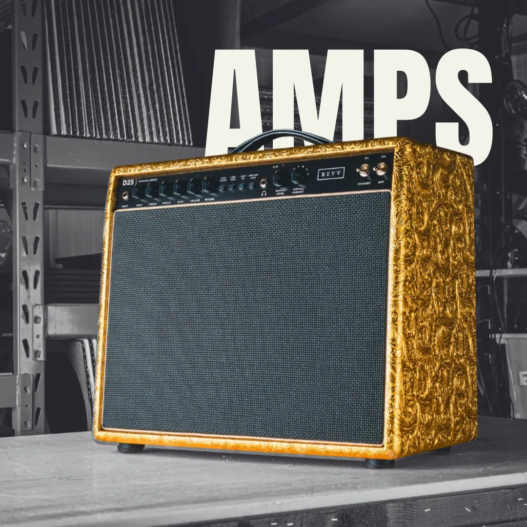 Revv D25 guitar amplifier with a gold ornate floral pattern cabinet and black control panel.