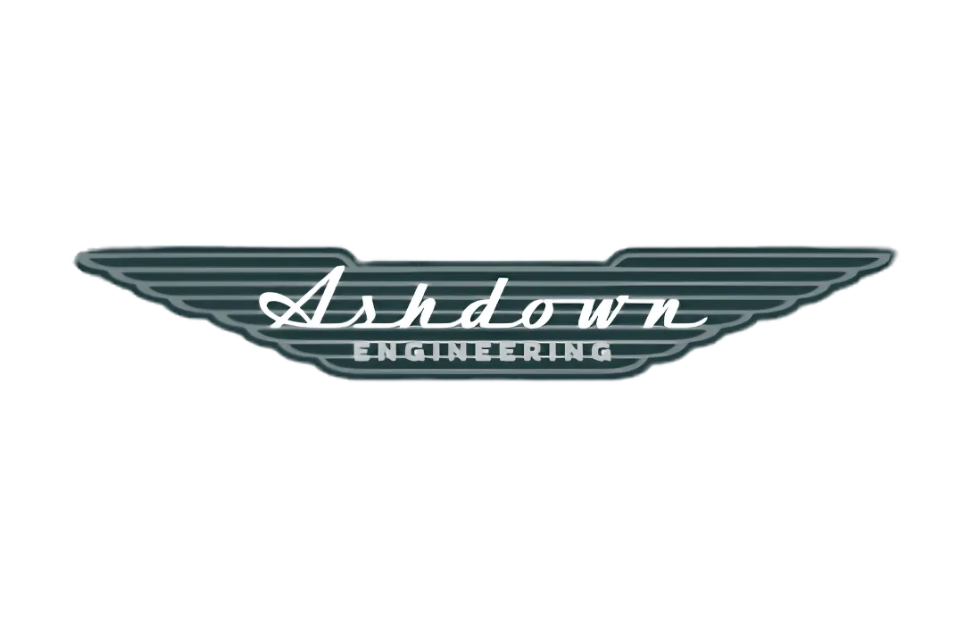 Ashdown Engineering logo featuring stylized dark grey wings with white cursive and block lettering on a white background.