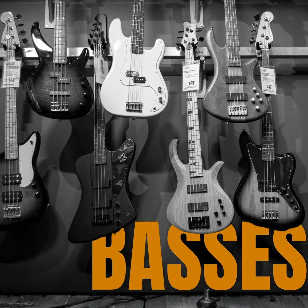 Black and white display of various 4 and 5-string electric bass guitars hanging on a wall with bold orange text.