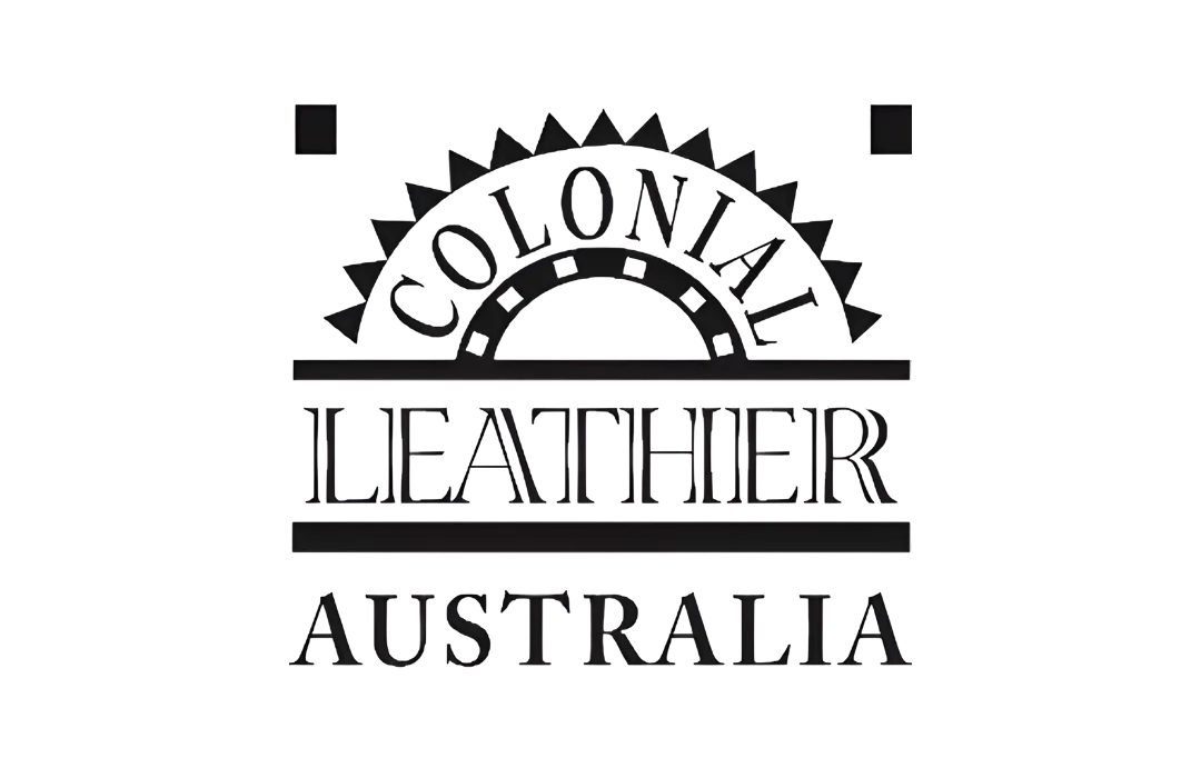 Colonial Leather Australia logo featuring a black and white vintage-style arched emblem with decorative typography.