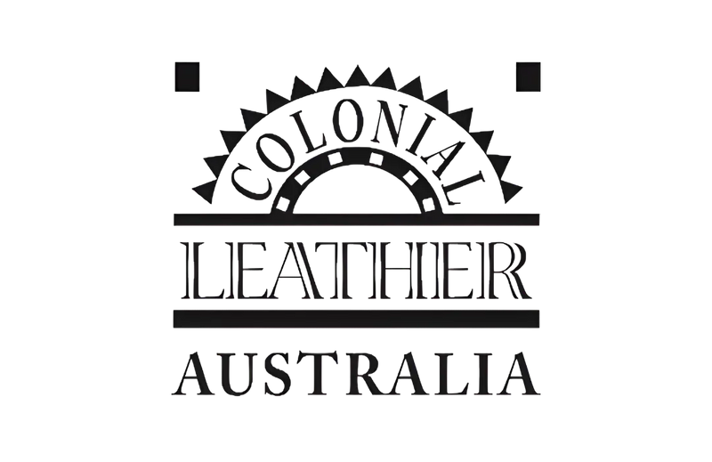 Colonial Leather Australia logo featuring a black and white vintage-style arched emblem with decorative typography.