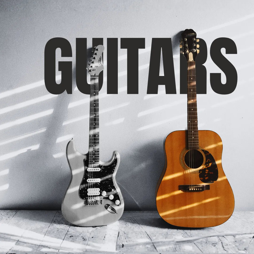 Electric and acoustic guitars standing against a wall with dramatic striped shadows and bold text.