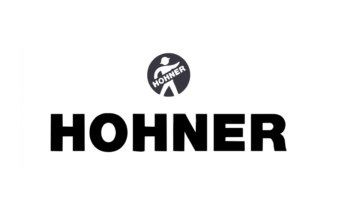 Hohner brand logo featuring bold black typography and a circular icon with a stylized figure on a white background.