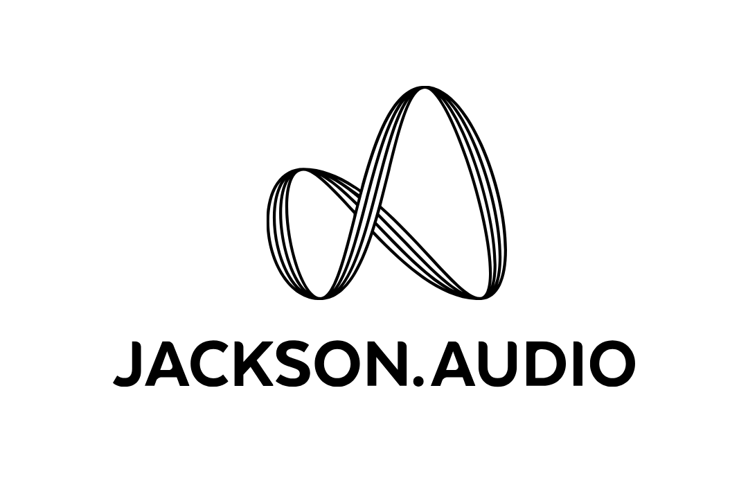 Minimalist black Jackson Audio logo featuring an abstract infinity loop symbol above bold, sans-serif brand text.