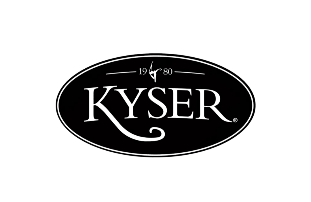 Black oval Kyser logo with white serif text and a stylized guitar player icon dated 1980.