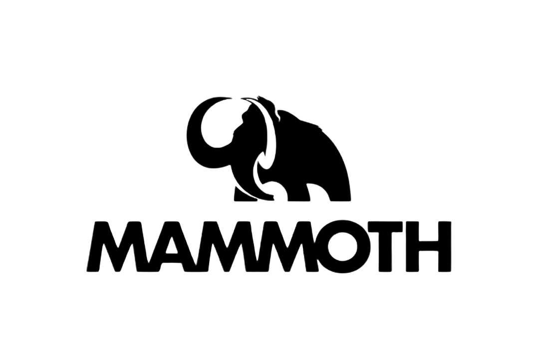 Minimalist black logo featuring a stylized mammoth silhouette above the bold, sans-serif text Mammoth.