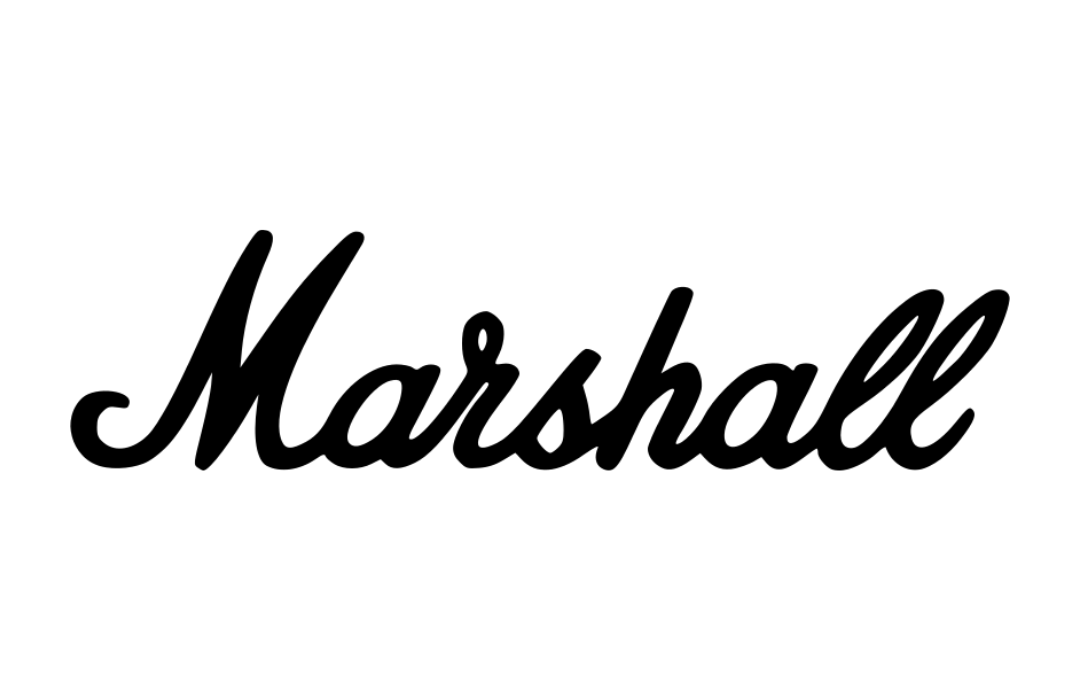 Iconic black Marshall script logo on a clean white background representing classic rock amplification.