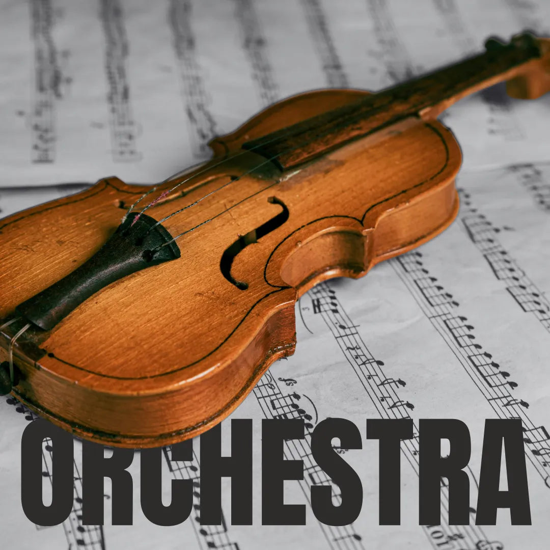 Antique wooden violin resting on a sheet of classical musical notation.