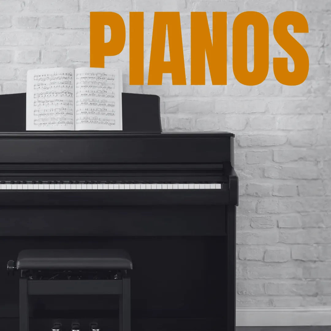 Black digital piano with open sheet music against a white brick wall, featuring the word PIANOS in bold orange text.