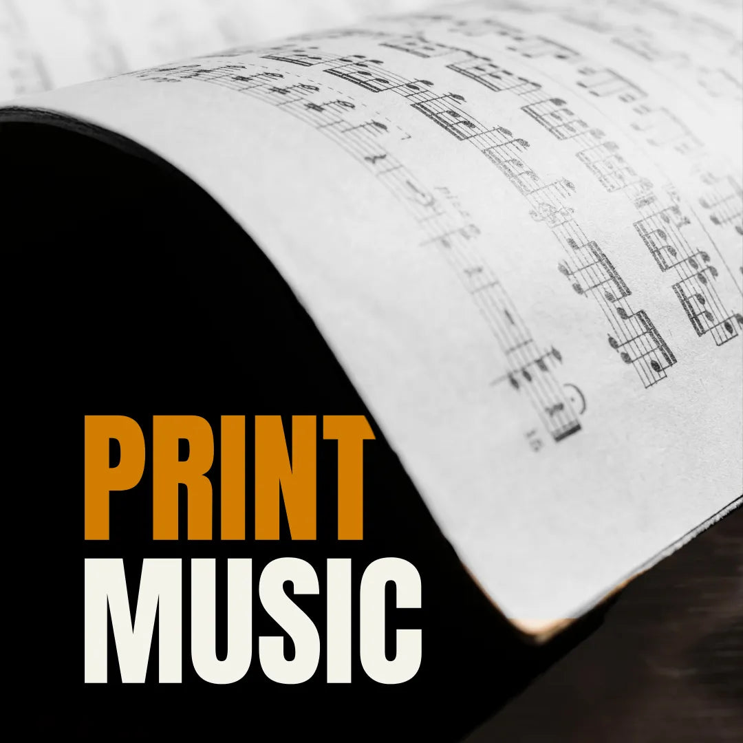 Curved page of vintage sheet music with bold Print Music text overlay.