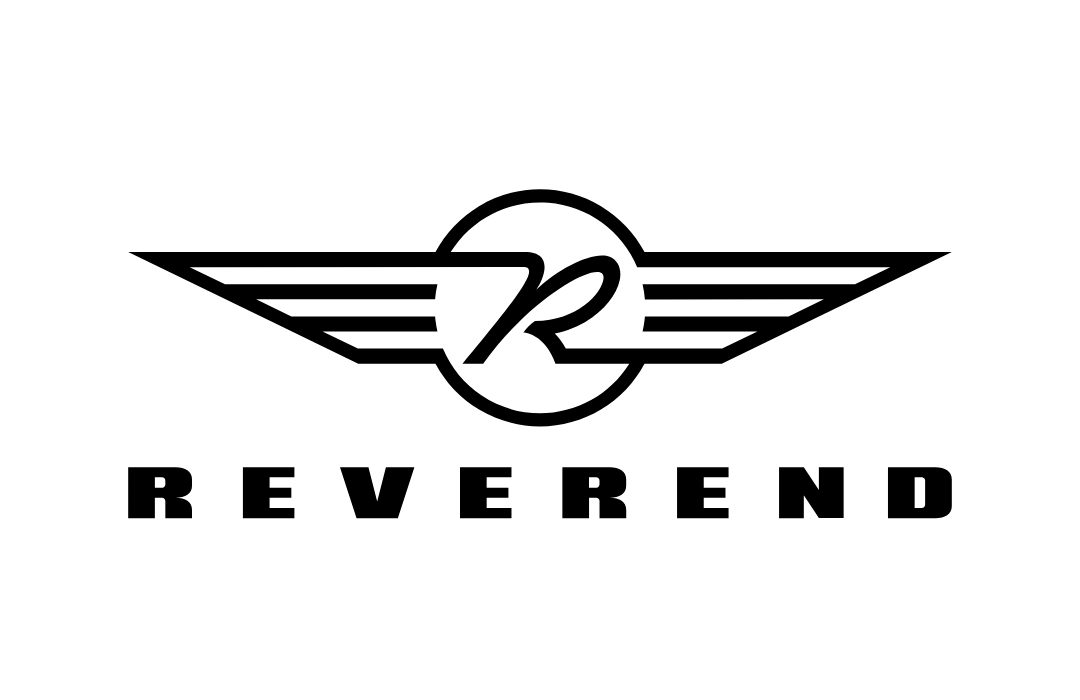 Black Reverend Guitars logo featuring a stylized R inside a circle with horizontal wings on a white background.