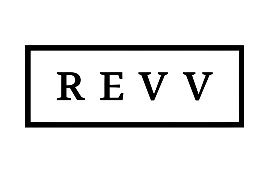 Black Revv Amplification logo featuring bold serif text inside a rectangular border on a white background.