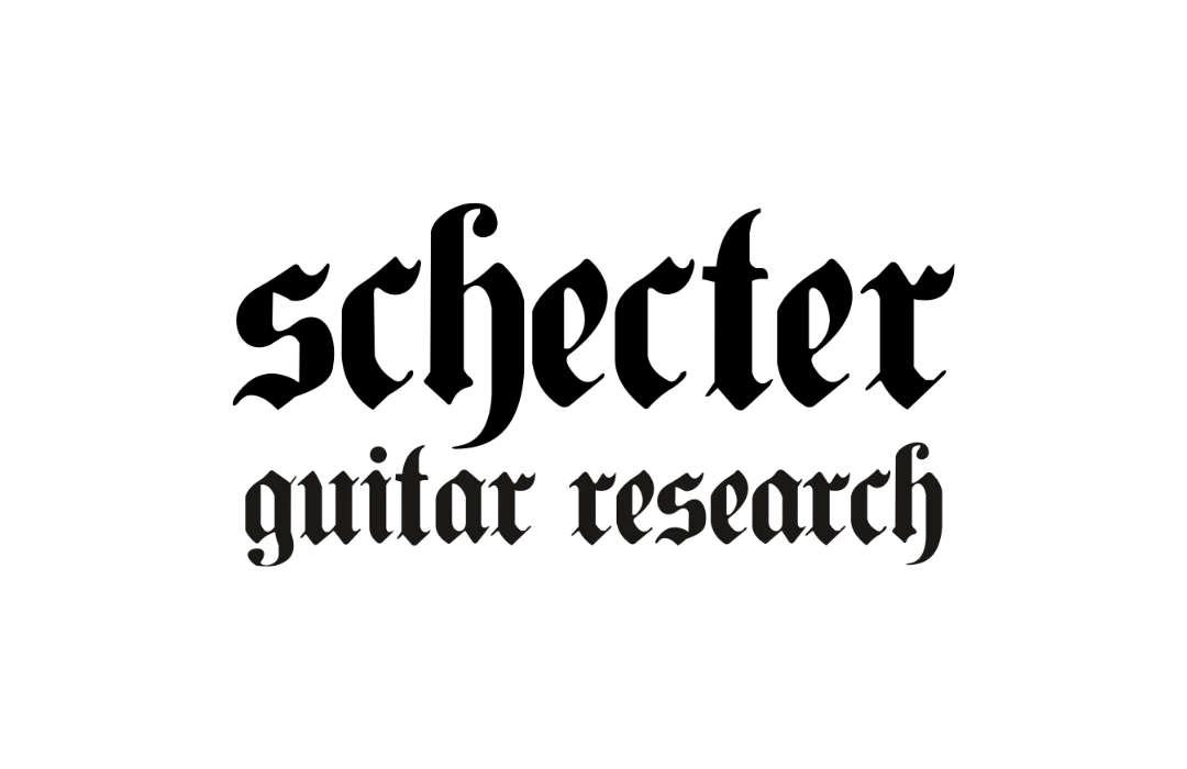 Black Schecter Guitar Research logo featuring stylized gothic lettering on a clean white background.