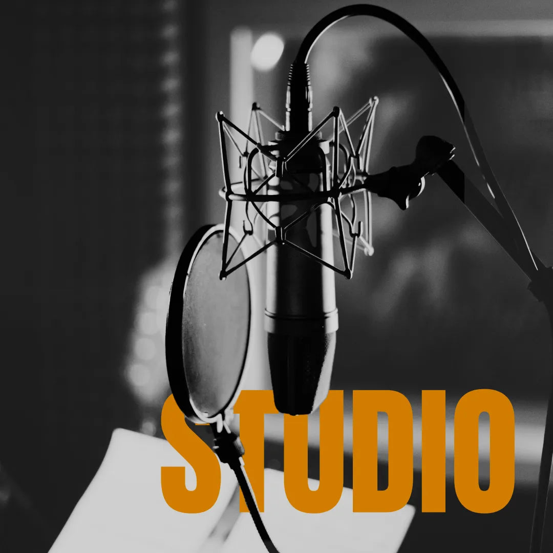 Professional condenser microphone with pop filter in a dark, moody recording studio setting.