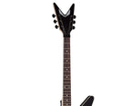 Close-up of the front of the headstock and upper fretboard, showing the Dean wing logo, black headstock finish, rosewood fretboard and dot inlays.