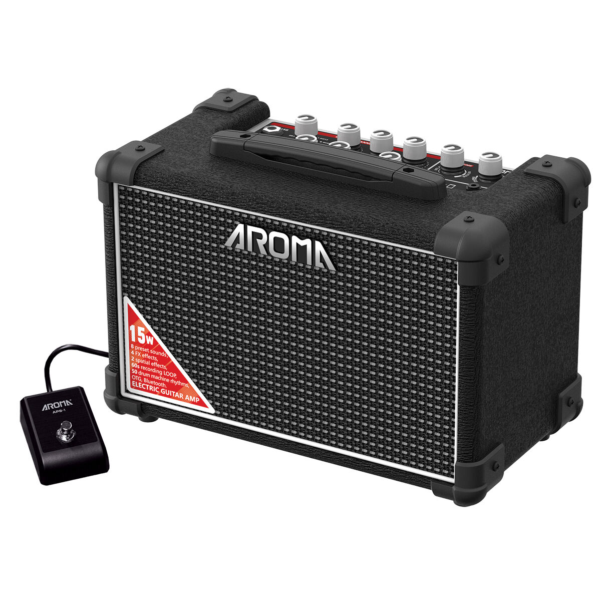 Aroma 15W Black Electric Guitar Amplifier with Footswitch and Drum Machine [TM-15S]-Aroma-Infinite Music