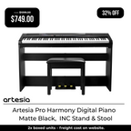 Artesia Pro Harmony BK Digital Piano - Matte Black - W/Stand & Stool-Artesia-Infinite Music