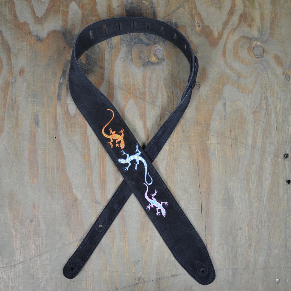 Colonial Leather 2.5" Black Suede Lizards Embroidered Guitar Strap-Colonial Leather-Infinite Music