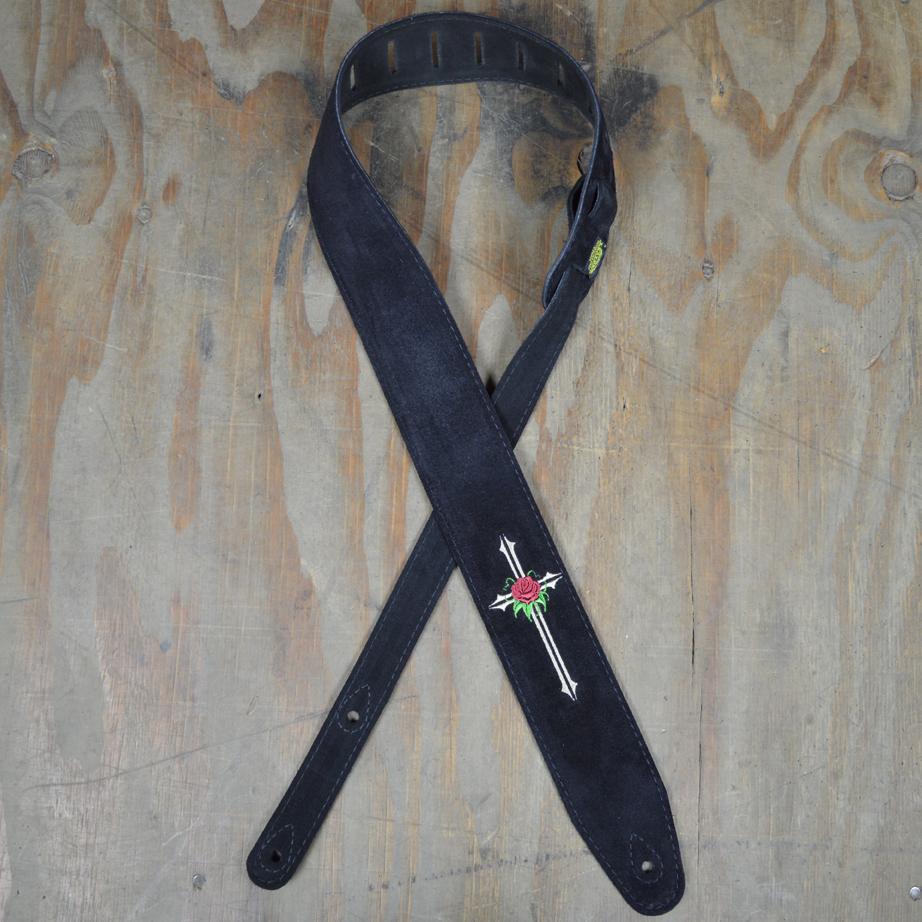 Colonial Leather 2.5" Black Suede Rose and Cross Embroidered Guitar Strap-Colonial Leather-Infinite Music