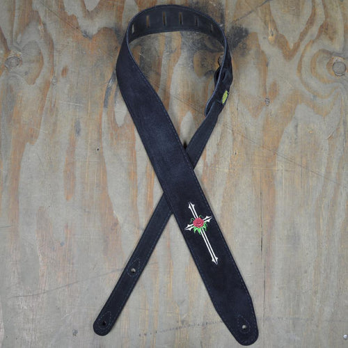 Colonial Leather 2.5" Black Suede Rose and Cross Embroidered Guitar Strap-Colonial Leather-Infinite Music