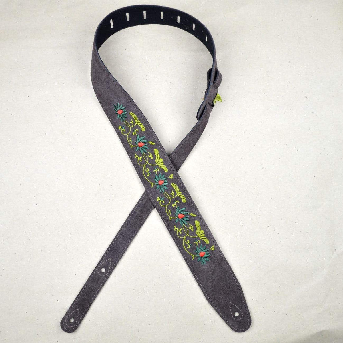Colonial Leather 2.5" Brown Suede Flower and Leaves Embroidered Guitar Strap-Colonial Leather-Infinite Music