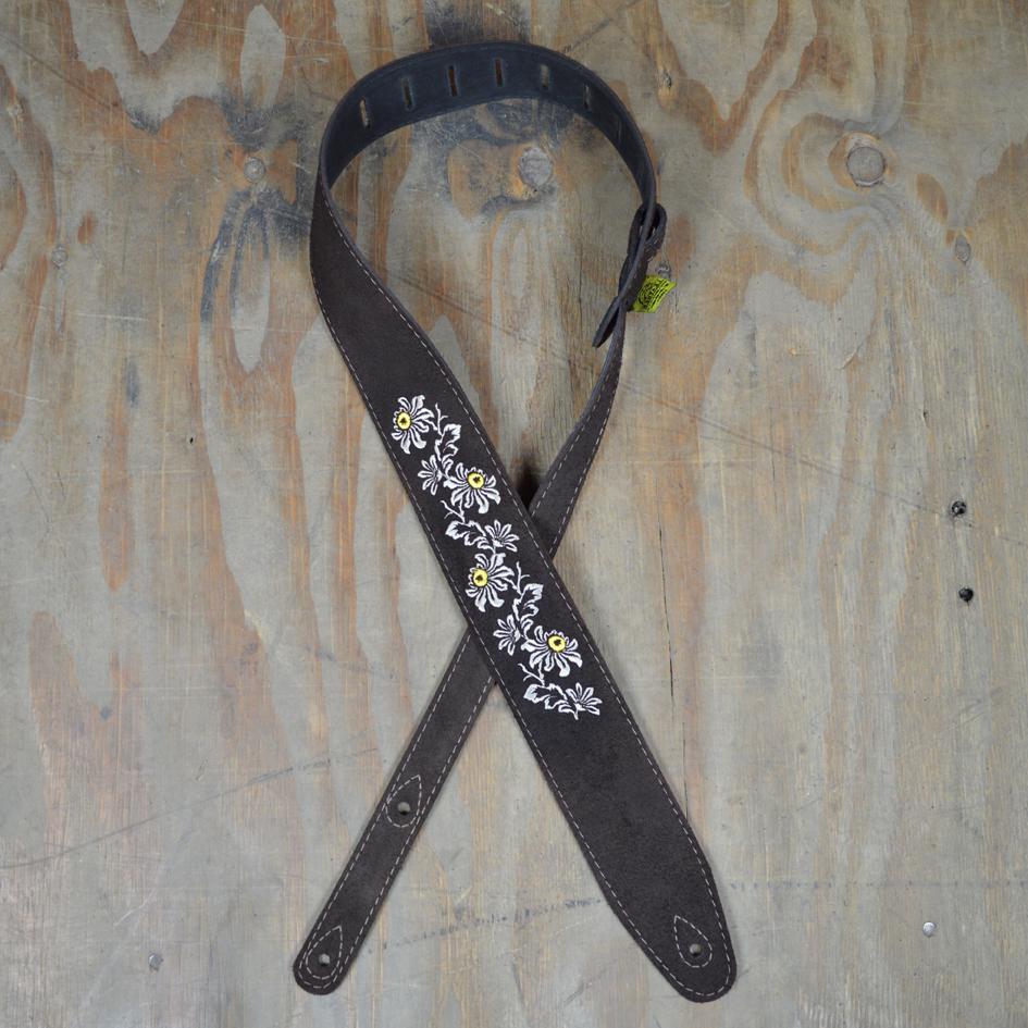 Colonial Leather 2.5" Flowers Embroidered Brown Suede Guitar Strap-Colonial Leather-Infinite Music