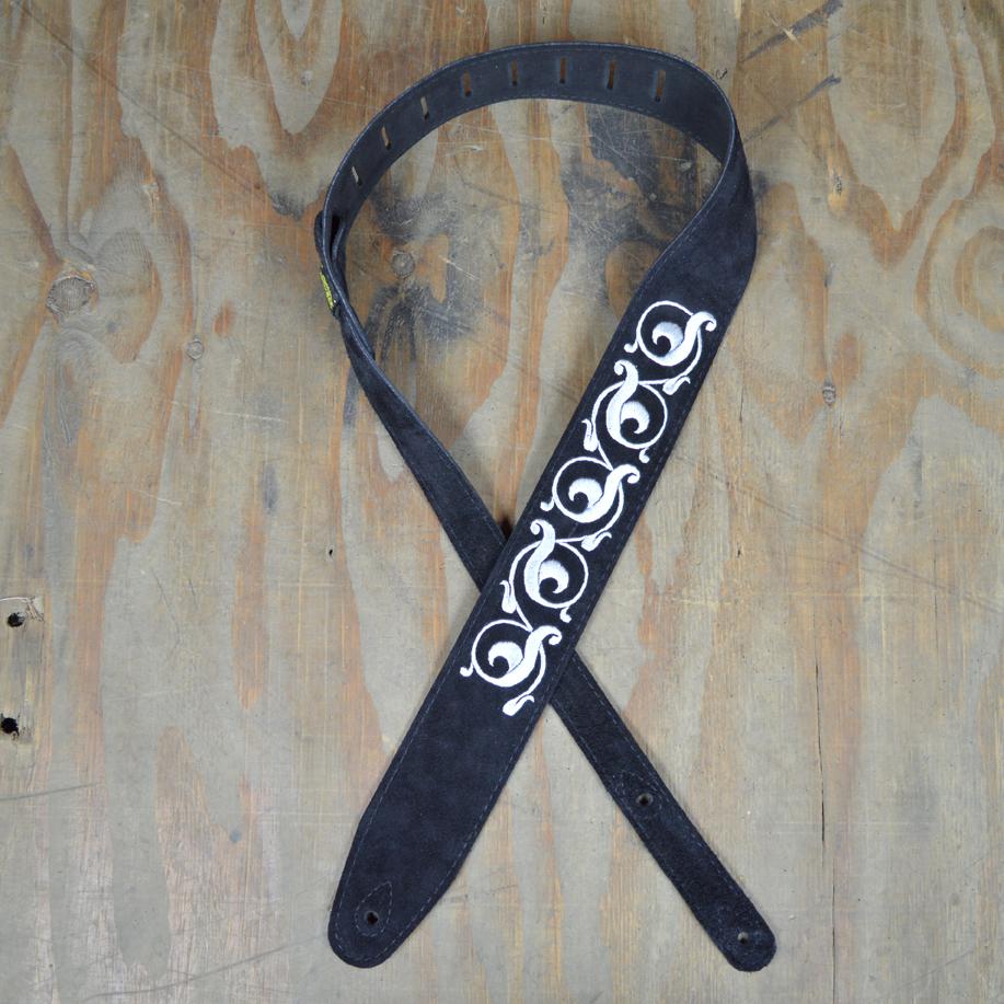 Colonial Leather 2.5" Scroll Design Embroidered Black Suede Guitar Strap-Colonial Leather-Infinite Music