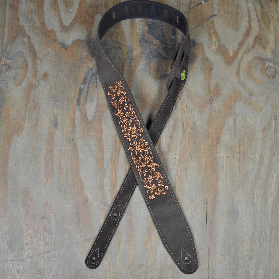 Colonial Leather Leaves Embroidered Brown Suede Guitar Strap-Colonial Leather-Infinite Music