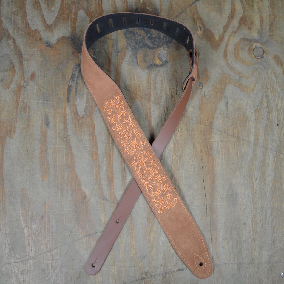 Colonial Leather Leaves Embroidered Tan Suede Guitar Strap-Colonial Leather-Infinite Music