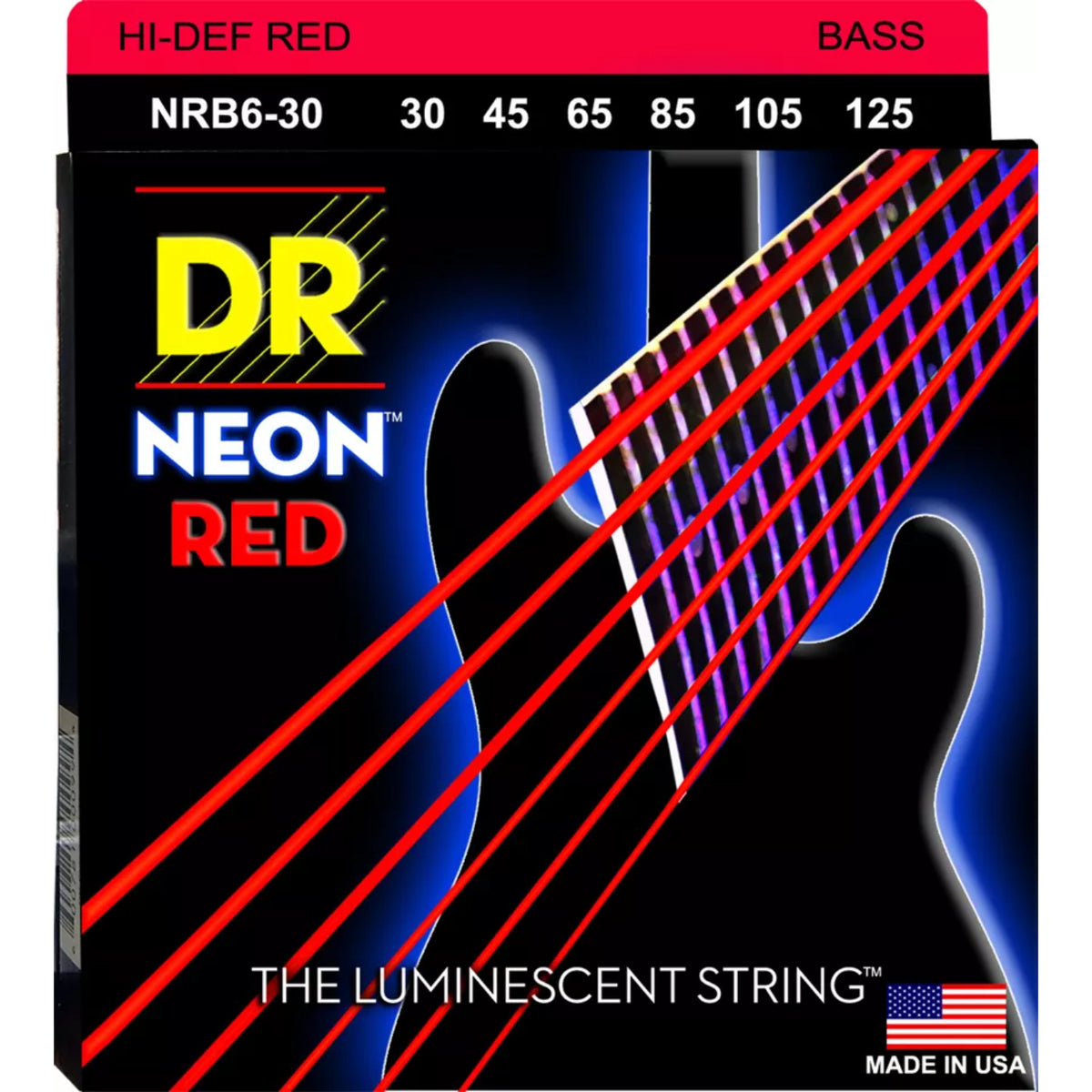 DR Strings HI-DEF NEON NRB6-30 Red Colored Bass Guitar Strings: 6-String Medium 30-125-DR Strings-Infinite Music