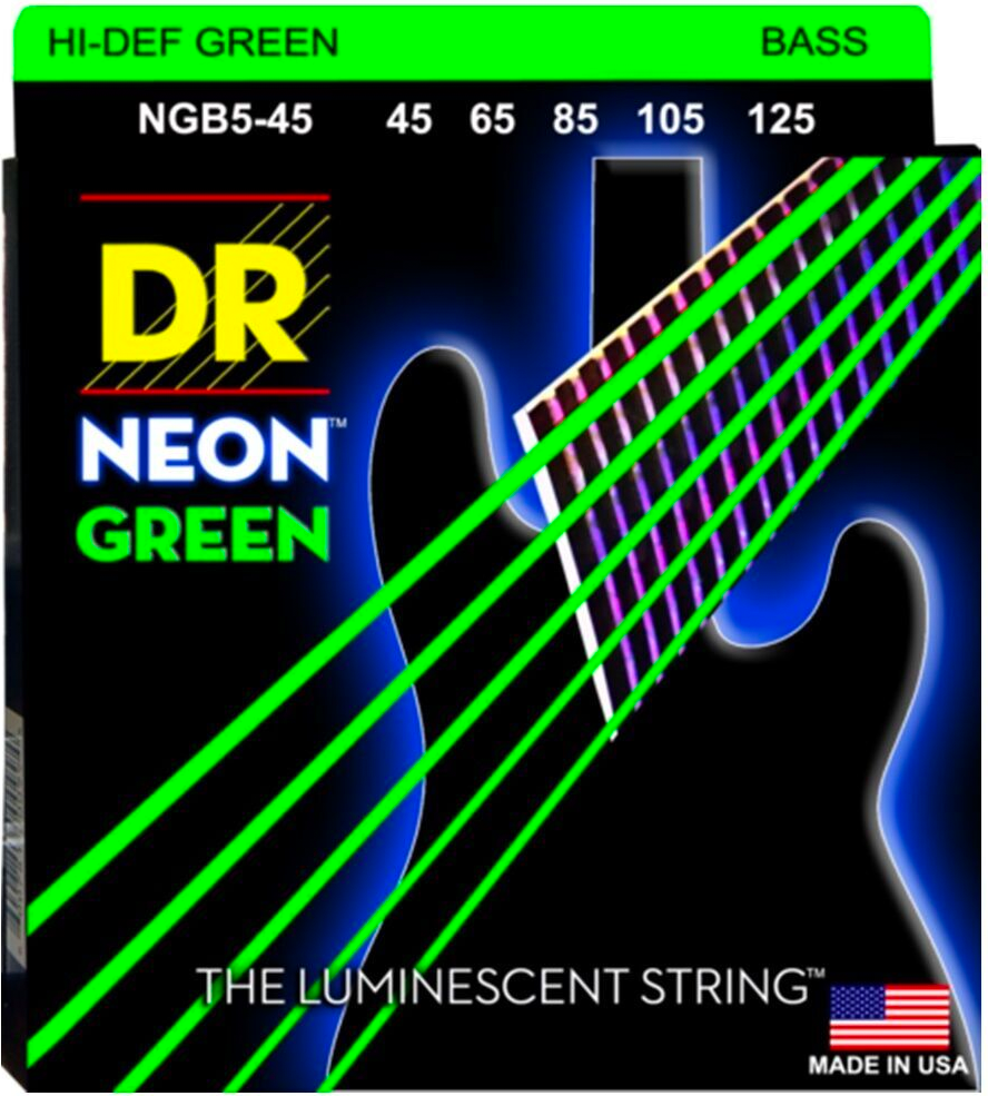 DR Strings NGB5-45 Hi-Def Neon Green Colored 5-String Medium 45-125 Bass Guitar String Set-DR Strings-Infinite Music