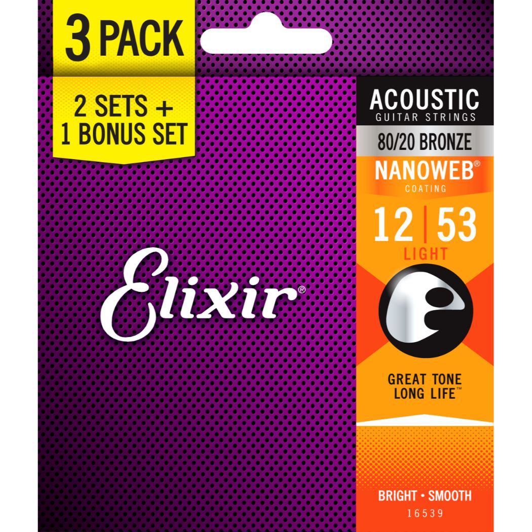 Elixir 16539 Nanoweb 80/20 Light Acoustic Guitar Strings - 3 Pack 12-53-Elixir-Infinite Music