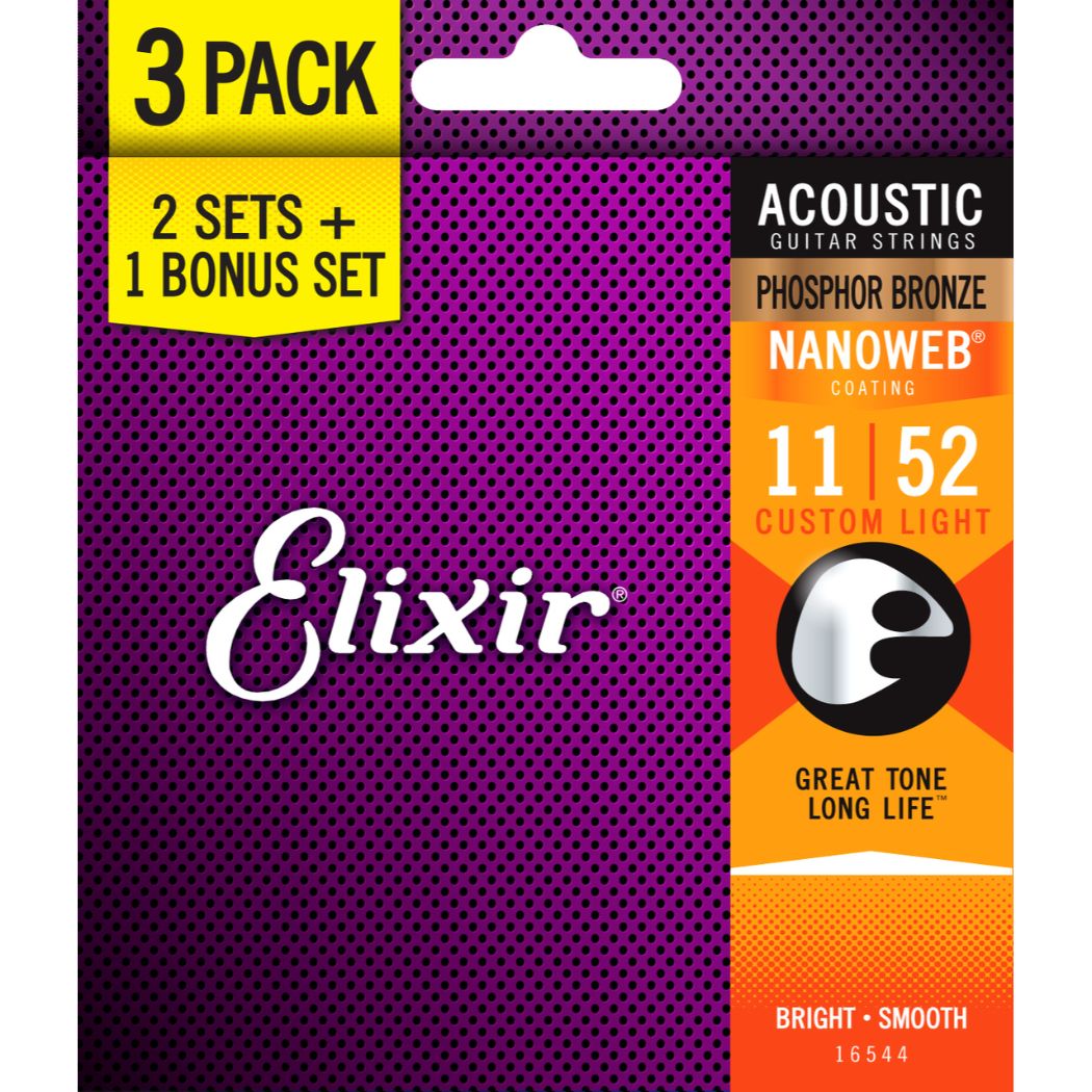 Elixir 16544 Nanoweb Phosphor Bronze Custom Light Acoustic Guitar Strings - 3 Pack 11-52-Elixir-Infinite Music