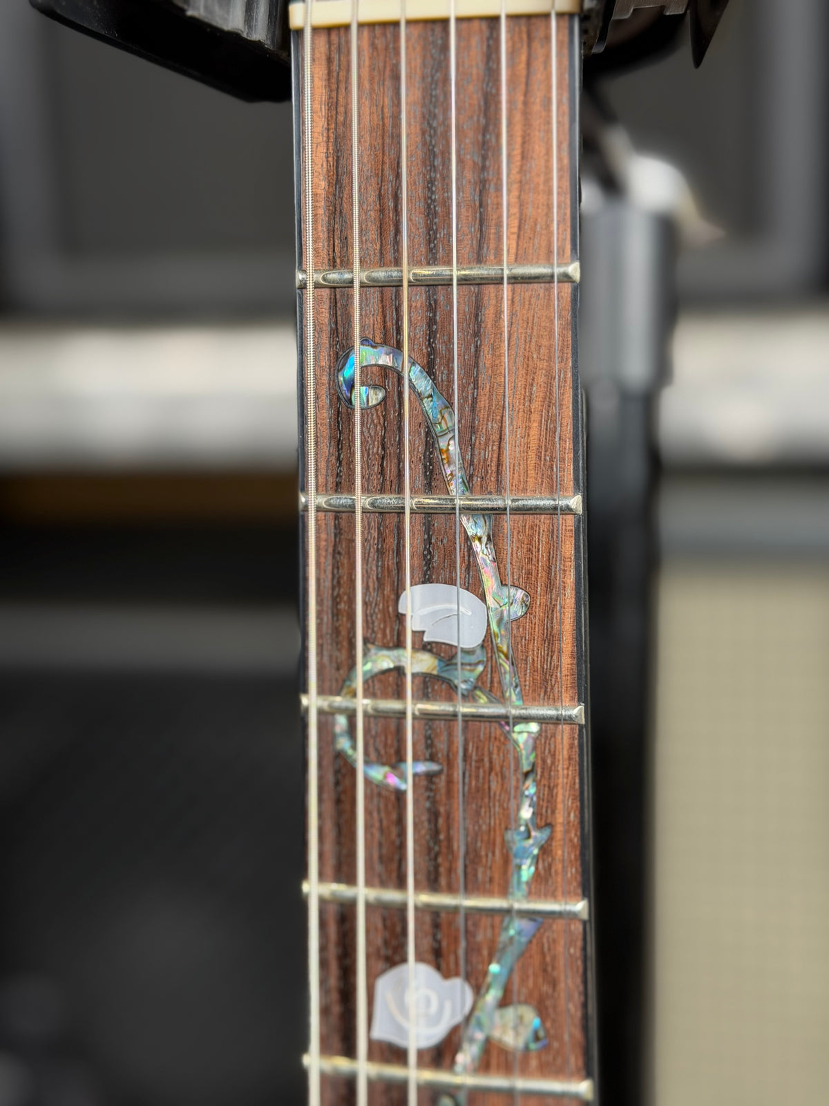 Extreme close-up of the rosewood fretboard showing the fine detail of the abalone vine and pearl rose inlay at the first few frets.