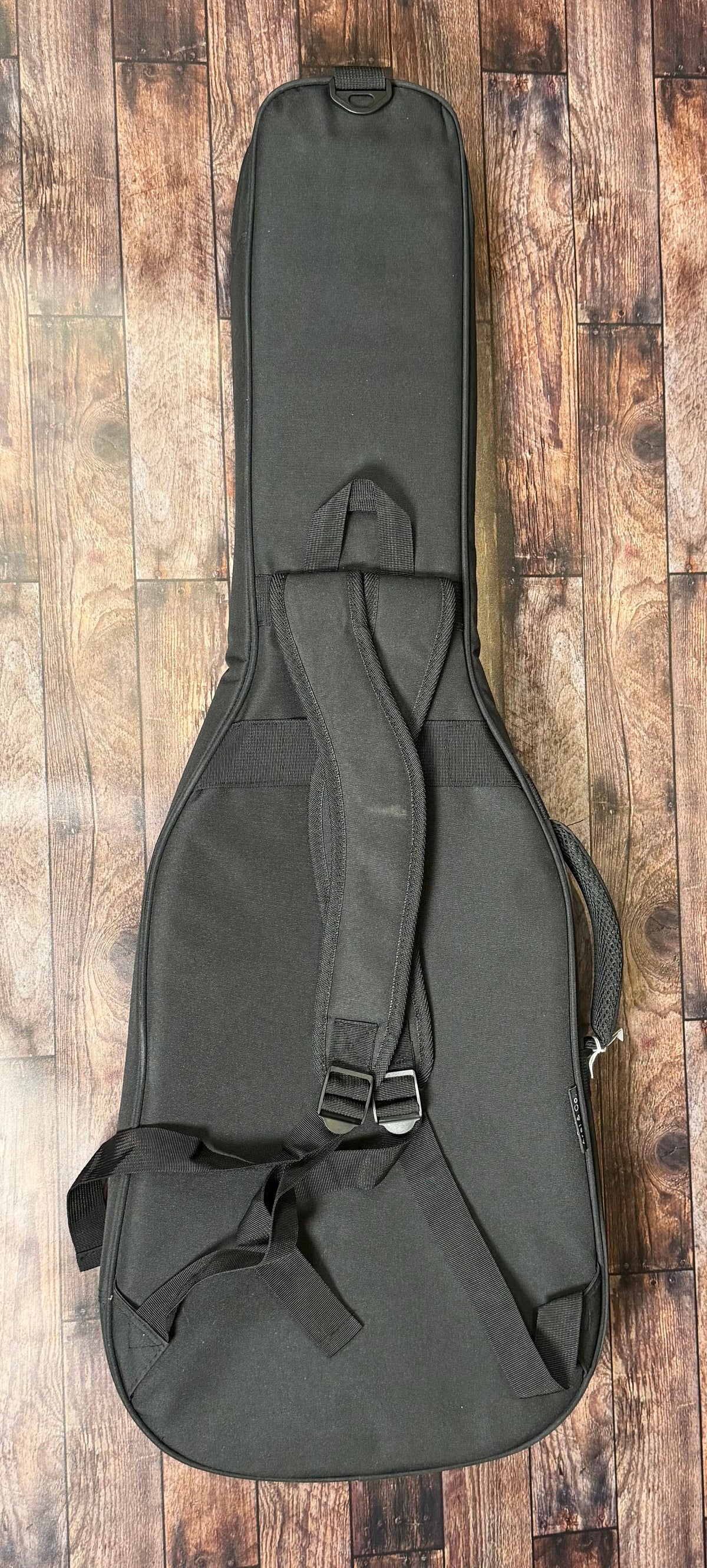 The included black gig bag, shown flat from the back with its padded backpack straps.