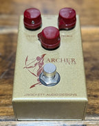 Straight-on front angle showing the full Archer Ikon graphic, footswitch and J. Rockett Audio Designs branding.