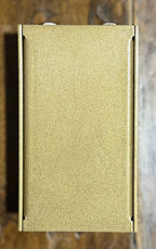 Underside of the pedal showing the plain gold-painted base plate with its corner screws.