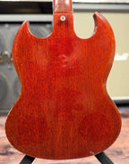 Full view of the back of the Gibson SG Deluxe body, showing the mahogany wood grain, a faint scratch near the centre and small marks near the lower edge.