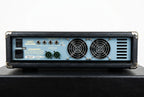 Rear panel of the Ashdown ABM 500 EVO-III bass amp head showing the IEC power inlet and switch, footswitch and line input jacks, FX send/return, Speakon speaker outputs and cooling fans, with the ABM-500 EVOIII model label visible.