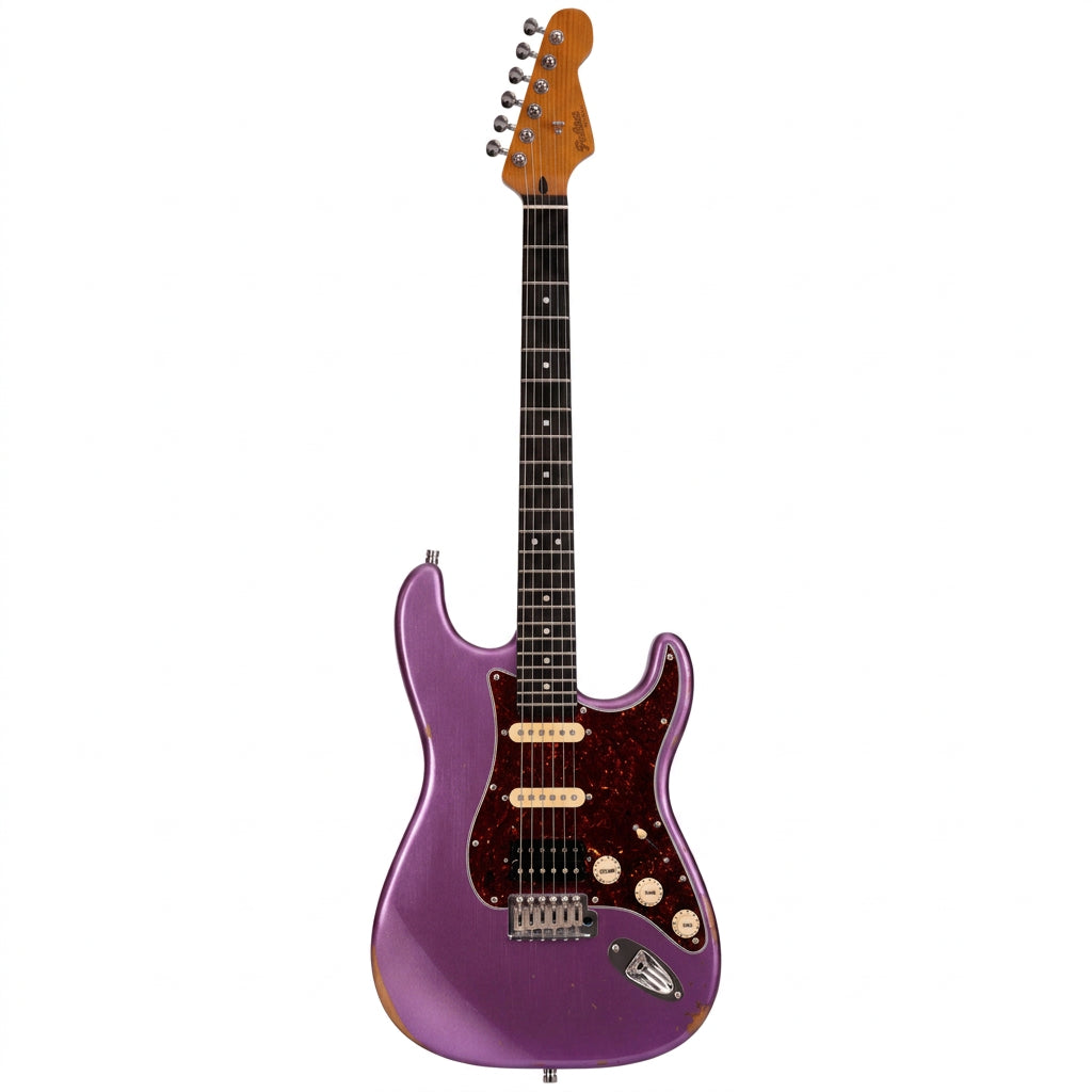 Patina Guitars PS-7 HSS Electric Guitar - Paulownia body Relic- Roasted maple neck- RW fretboard- 22 Stainless frets- Locking tuners - Purple Metallic