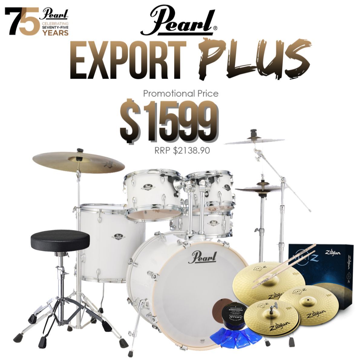 Pearl Export EXX Plus 22" Fusion Plus Drum Kit Package - Pure White-Pearl-Infinite Music