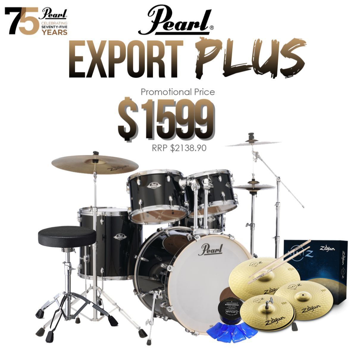 Pearl Export Plus 22" Fusion 5 Pce Drum Kit with Hardware - Jet Black-Pearl-Infinite Music