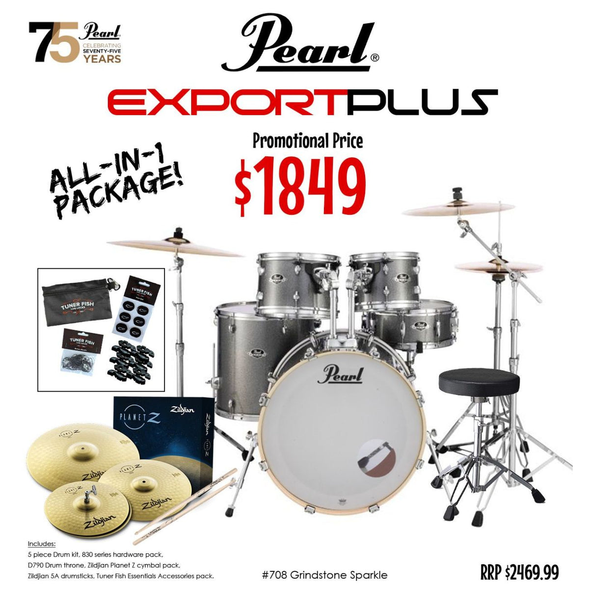 Pearl Export Plus 22" Fusion Plus Drum Kit Package - Grindstone Sparkle-Pearl-Infinite Music
