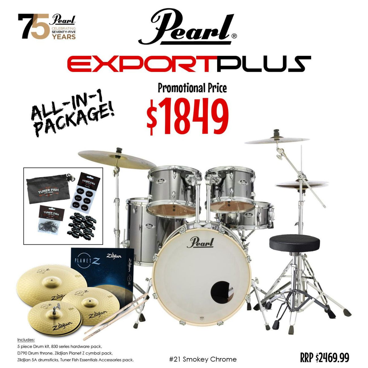 Pearl Export Plus 22" Fusion Plus Drum Kit Package - Smokey Chrome-Pearl-Infinite Music