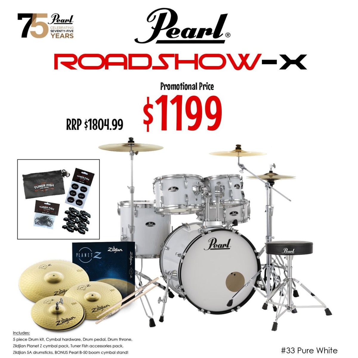 Pearl Roadshow-X 22" 5 Pce Fusion Plus Drum Kit Package - Pure White-Pearl-Infinite Music