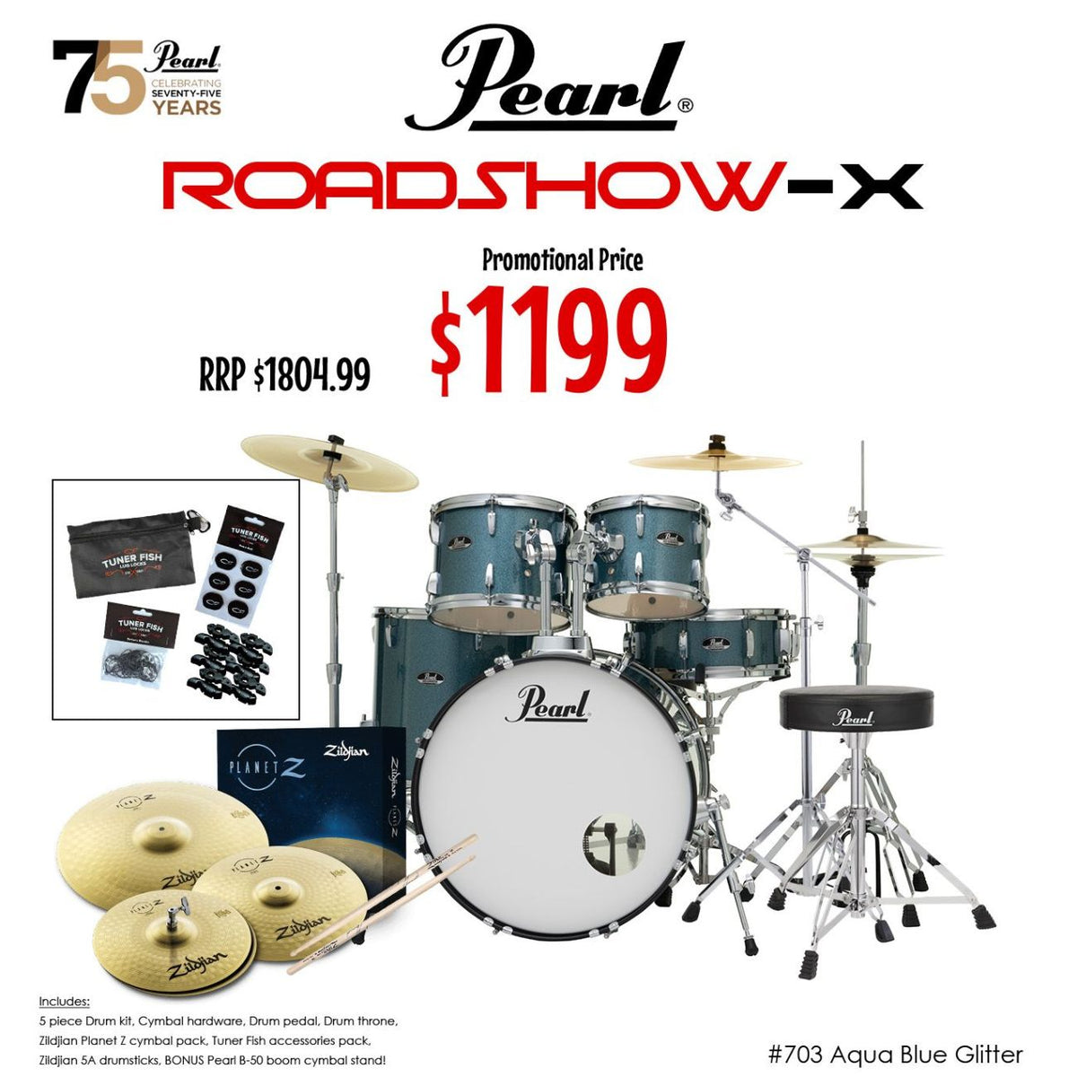 Pearl Roadshow-X 22" Fusion Plus 5 Pce Drum Kit Package - Aqua Blue Glitter-Pearl-Infinite Music
