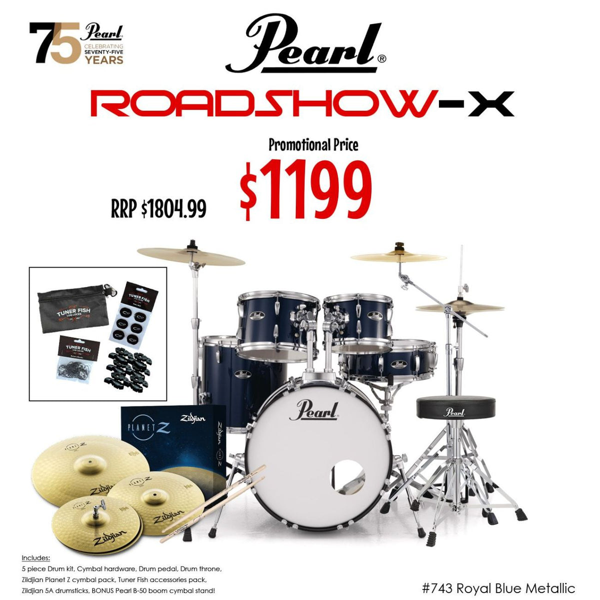 Pearl Roadshow-X 22" Fusion Plus 5 Pce Drum Kit Package - Royal Blue Metallic-Pearl-Infinite Music