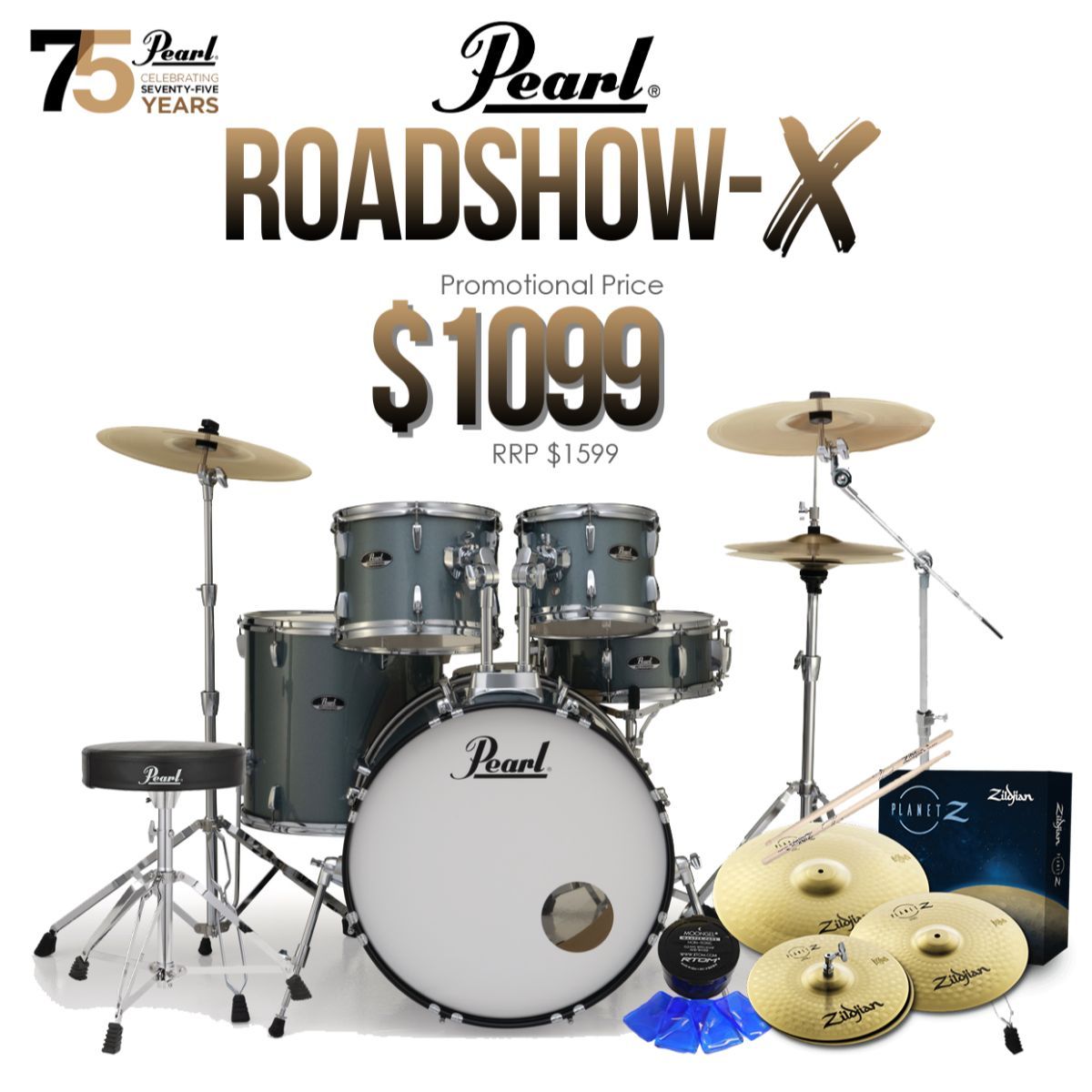 Pearl Roadshow-X Fusion Plus 5 Pce Drum Kit Package - Charcoal Metallic-Pearl-Infinite Music