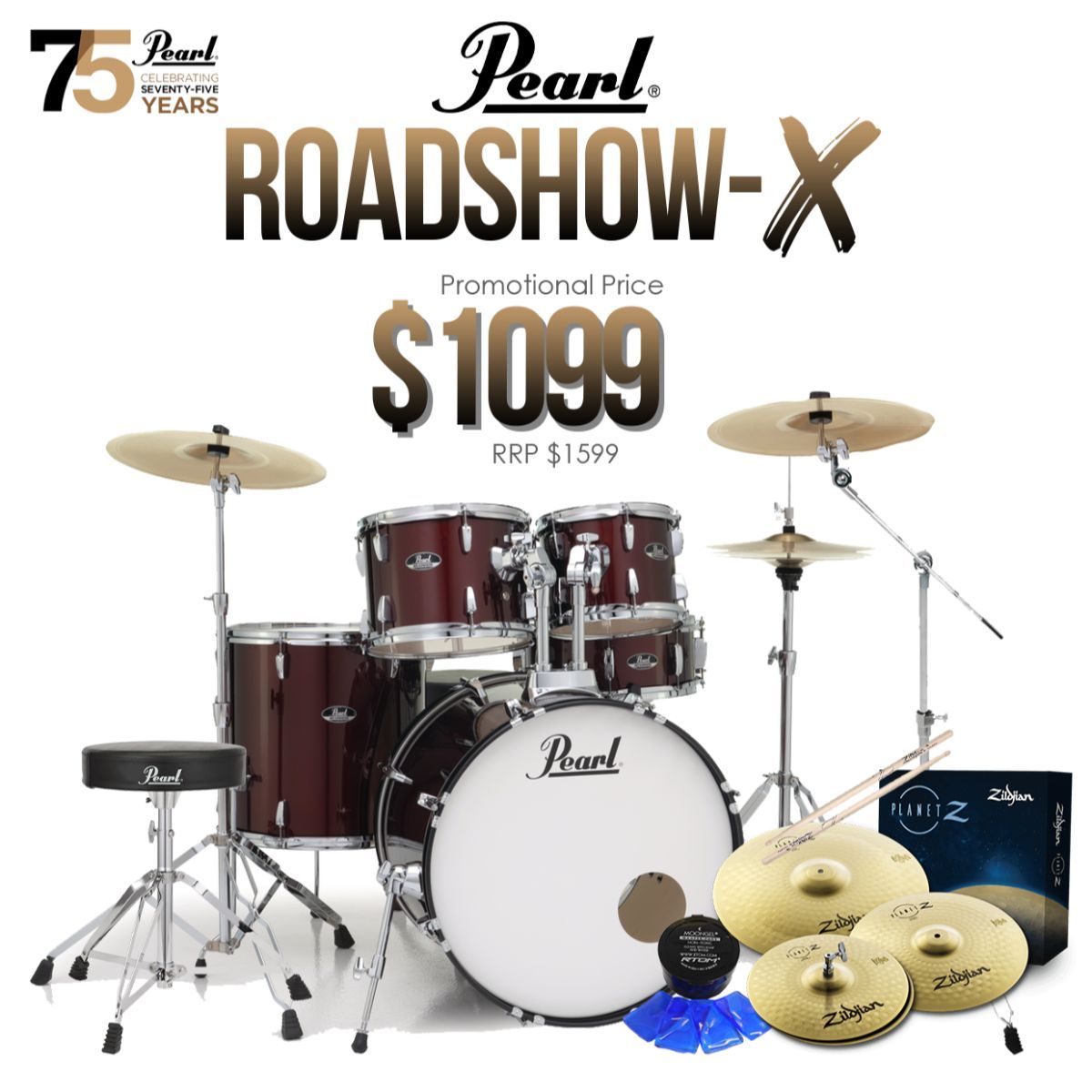 Pearl Roadshow-X Fusion Plus 5 Pce Drum Kit Package - Red Wine-Pearl-Infinite Music